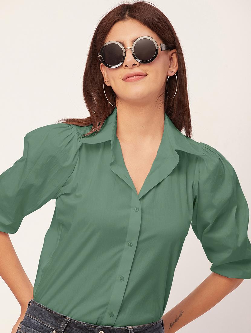 women solid collared puff sleeves shirt - 20726560 -  Standard Image - 1