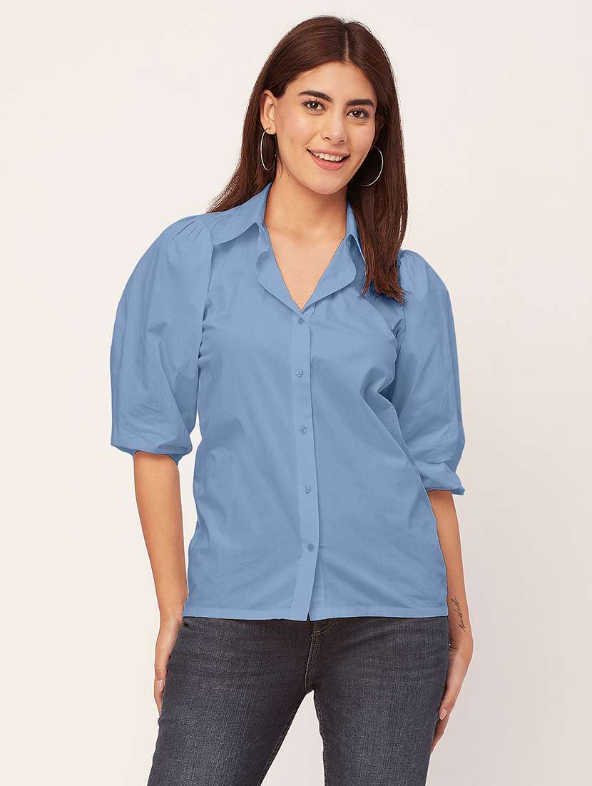 women solid collared puff sleeves shirt - 20726561 - Zoom Image - 0