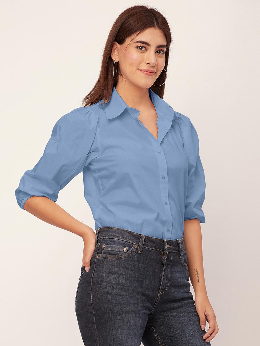 women solid collared puff sleeves shirt - 20726561 - Standard Image - 1