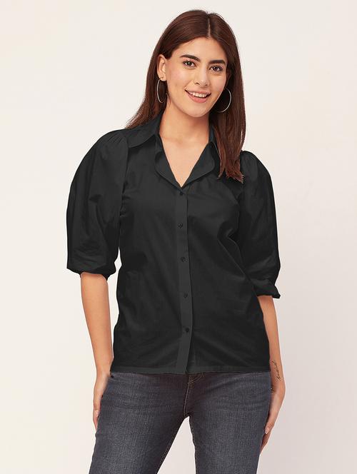 women solid collared puff sleeves shirt - 20726562 - Standard Image - 0