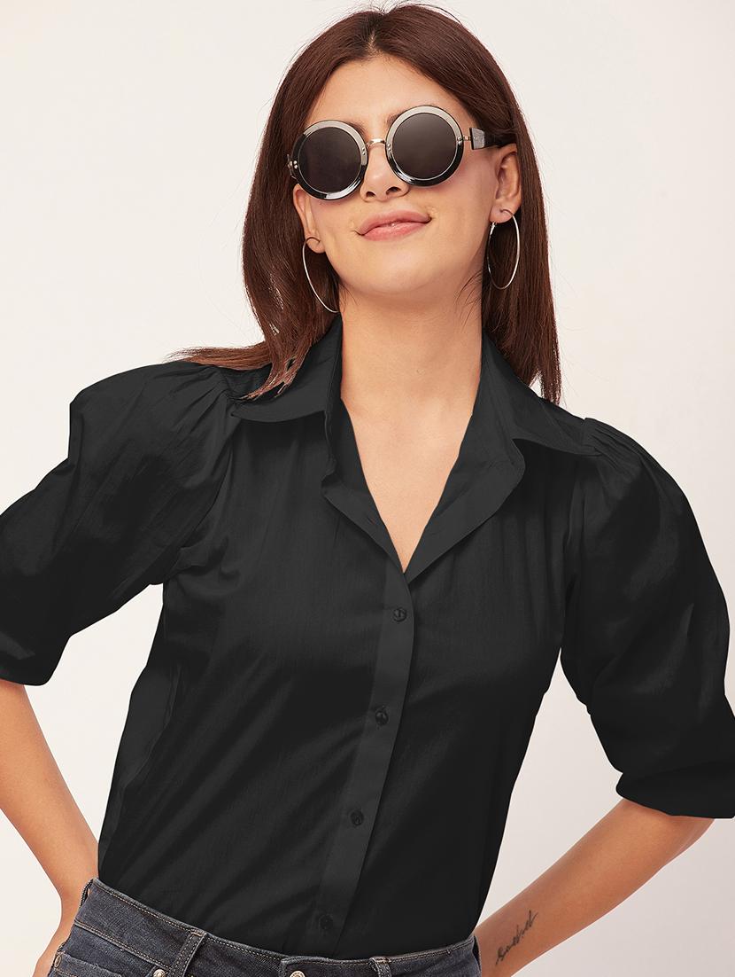 women solid collared puff sleeves shirt - 20726562 - Standard Image - 1
