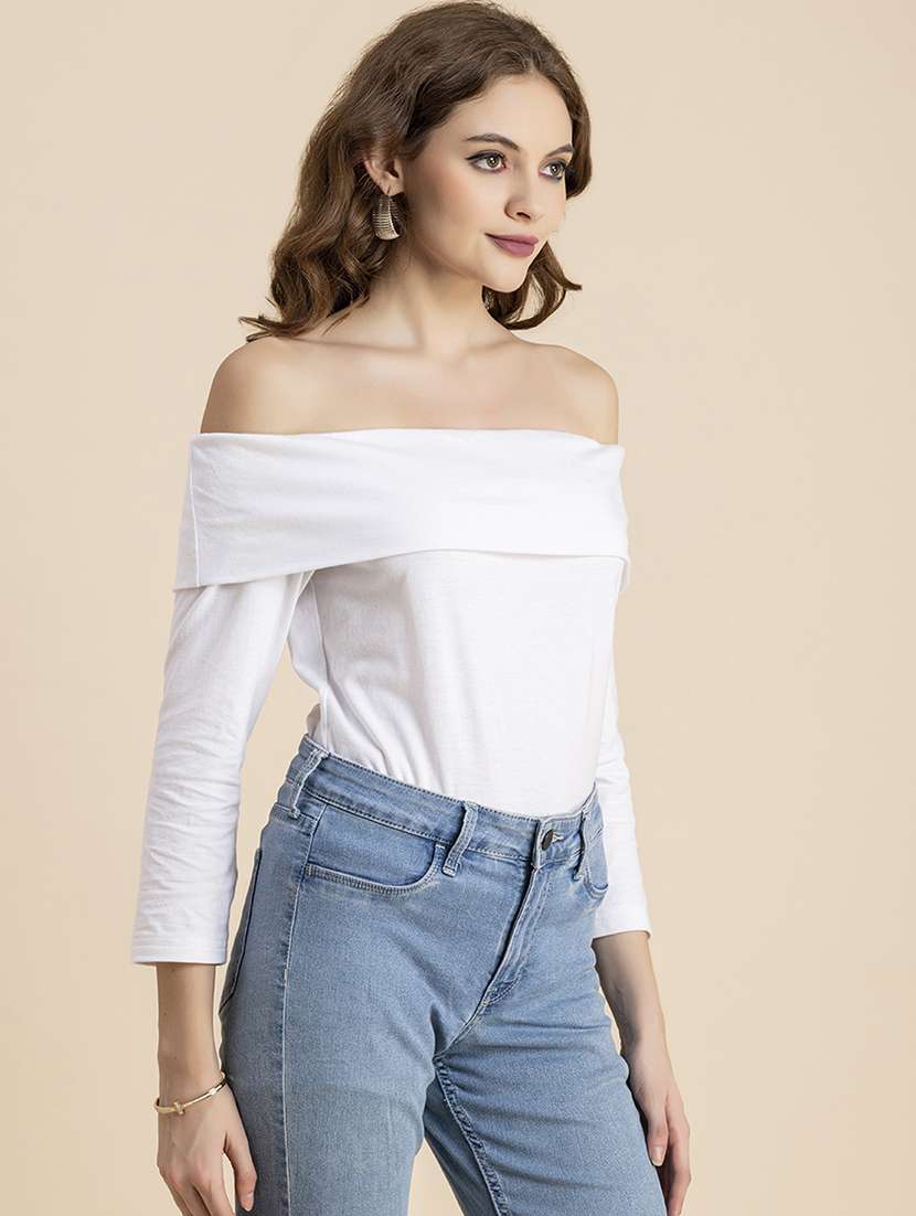 women solid off shoulder long sleeves top - 20726564 -  Standard Image - 1
