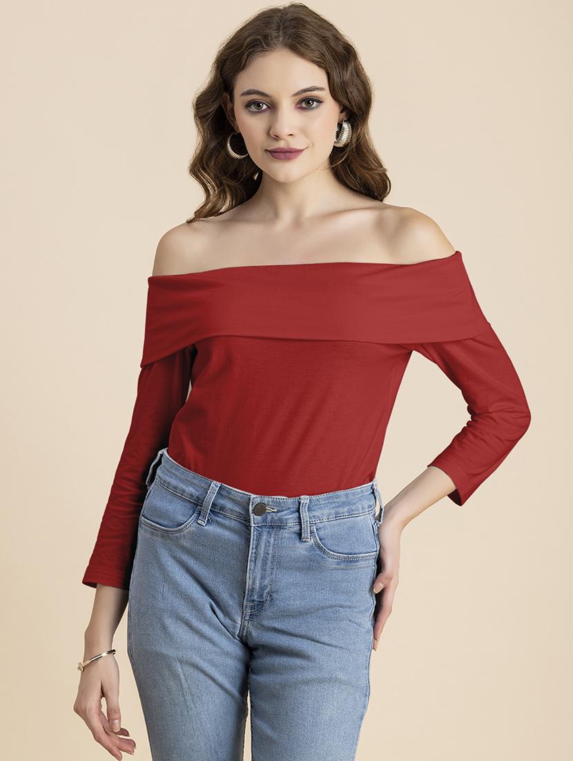 women solid off shoulder long sleeves top - 20726565 - Zoom Image - 0