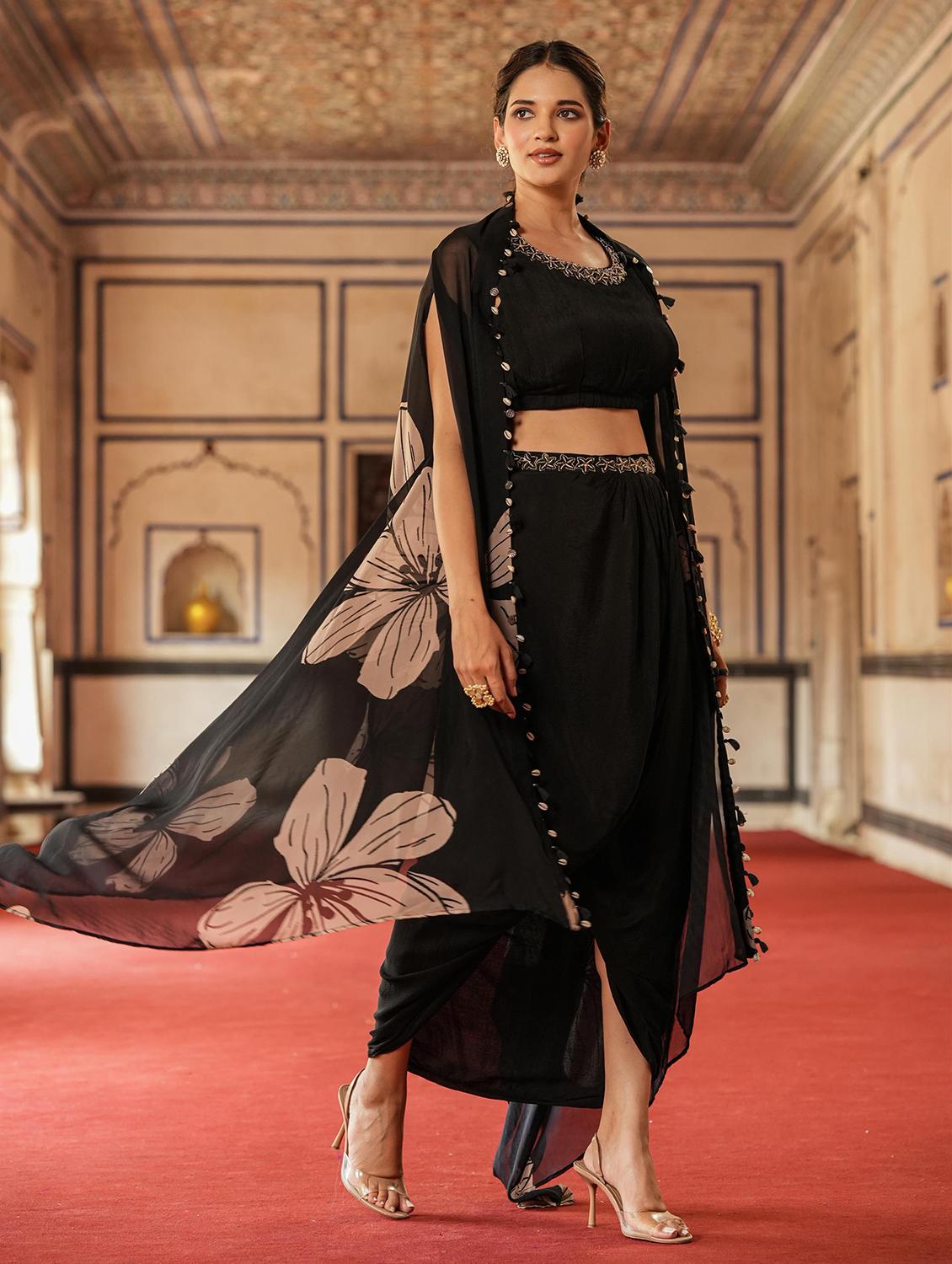 black embroidered neck ethnic fusion set - 20727257 - Standard Image - 4