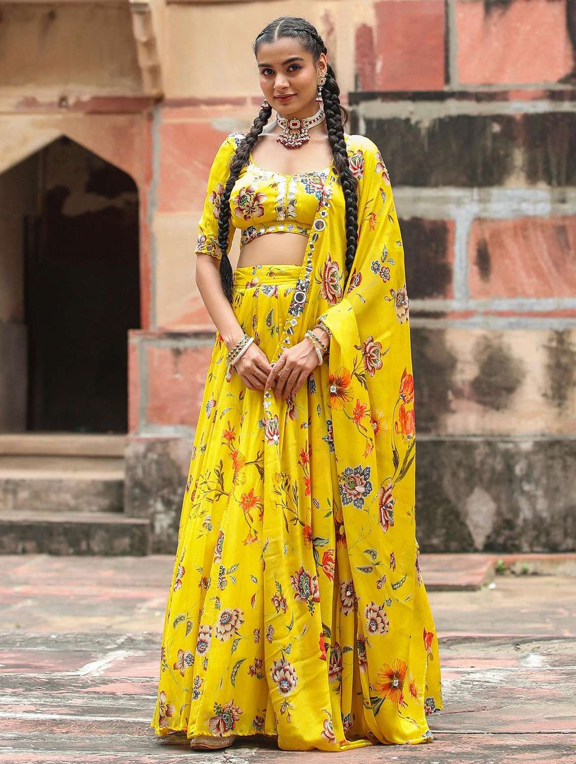 yellow silk flared lehenga