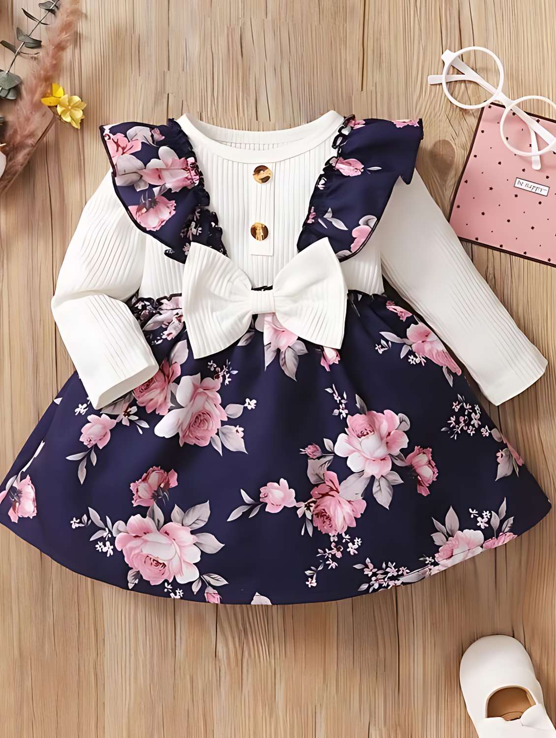 kids navy blue floral printed detailed frock - 20727544 -  Zoom Image - 0