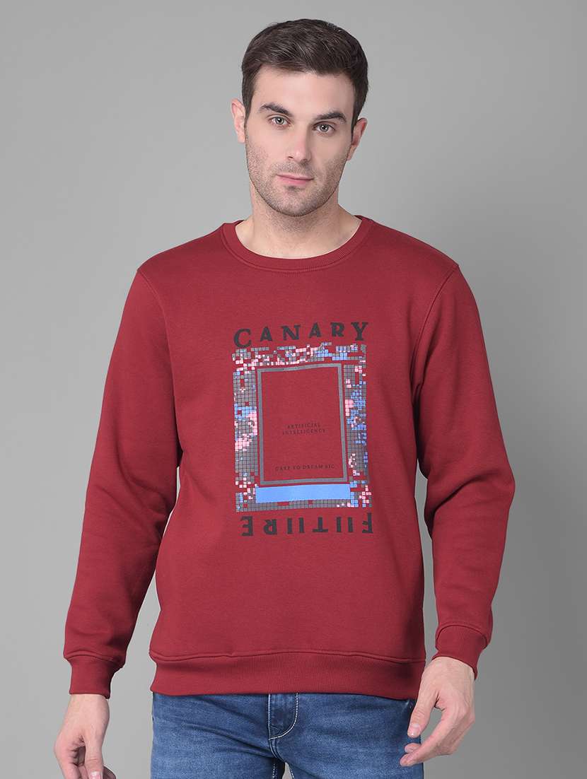 maroon cotton blend chest print sweatshirt