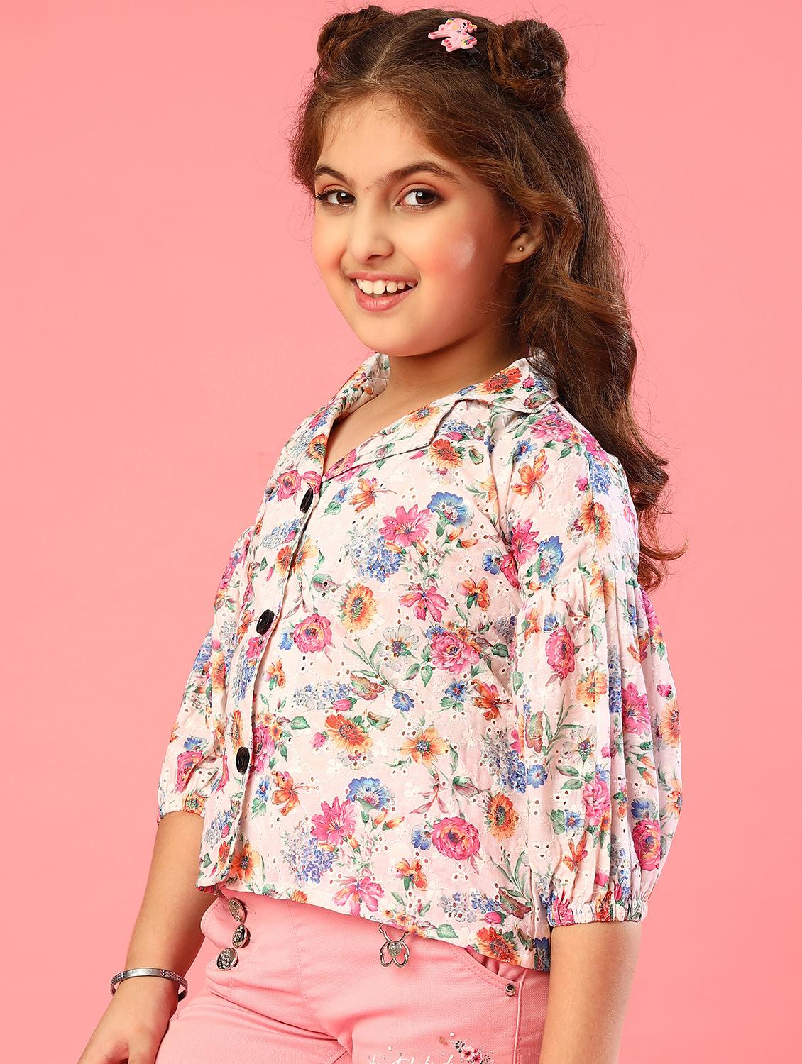 kids multi coloured floral printed schiffli shirt style top - 20727725 - Standard Image - 1