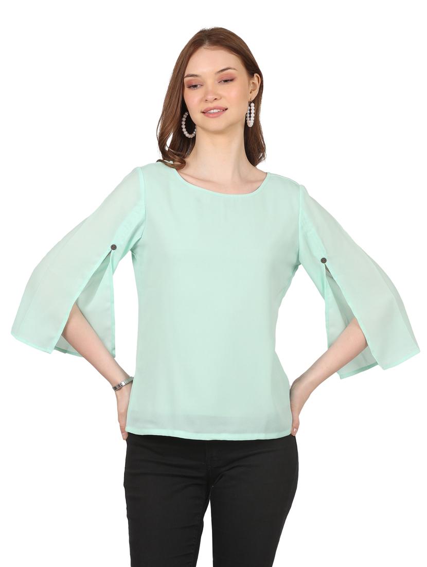 women solid round neck slit sleeves top - 20727799 -  Zoom Image - 0