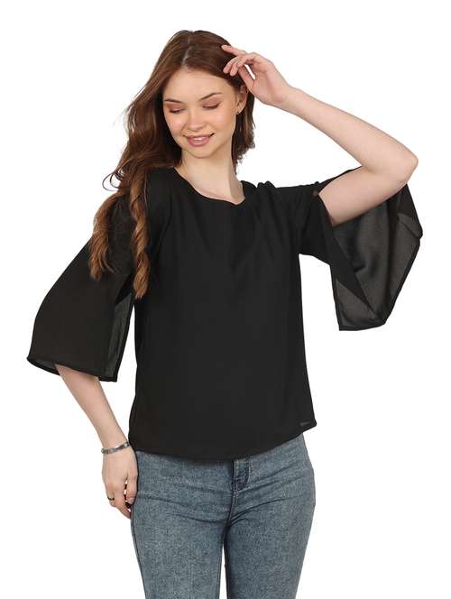 women solid round neck slit sleeves top - 20727800 -  Standard Image - 0