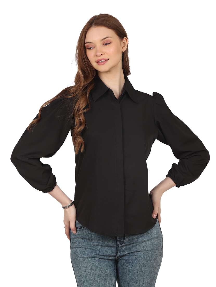 women solid collared puff sleeves shirt