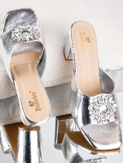 silver pu slip on sandals - 20728287 -  Standard Image - 0