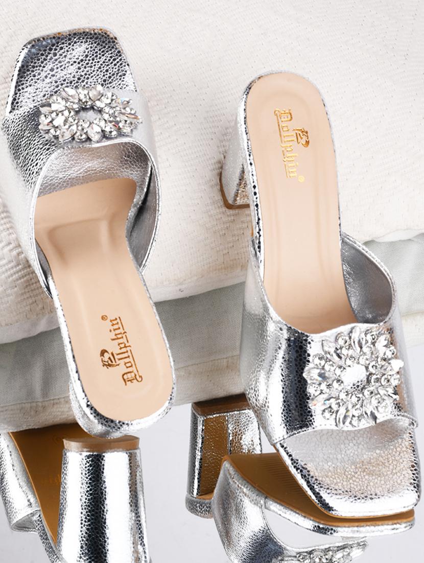 silver pu slip on sandals - 20728287 -  Zoom Image - 0