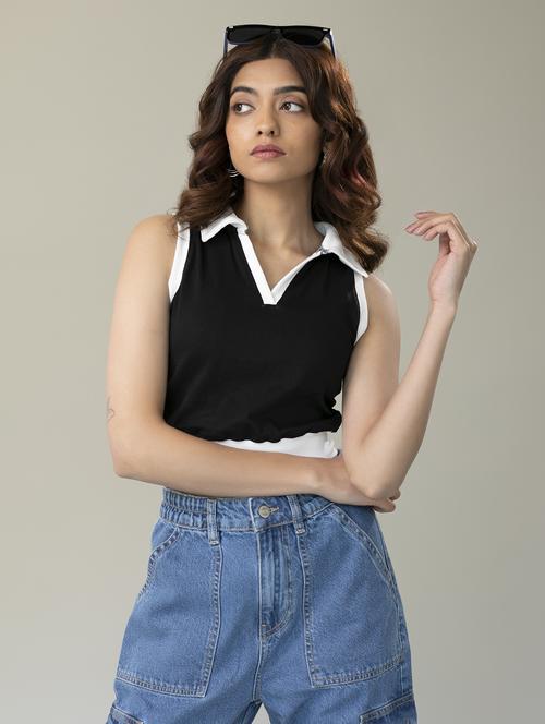 women black polo neck crop top - 20728512 -  Standard Image - 0