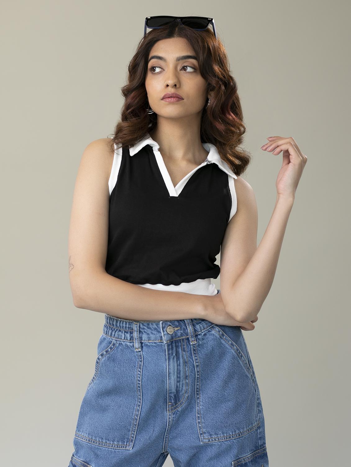 women black polo neck crop top - 20728512 -  Zoom Image - 0