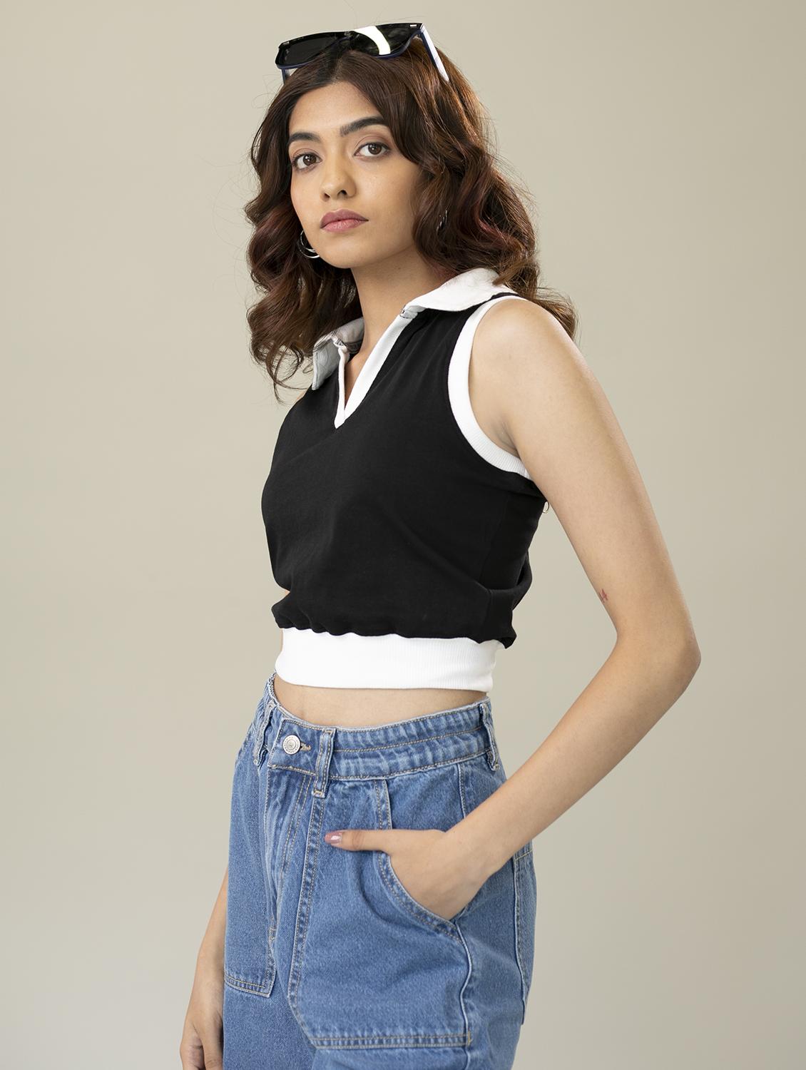women black polo neck crop top - 20728512 -  Standard Image - 1