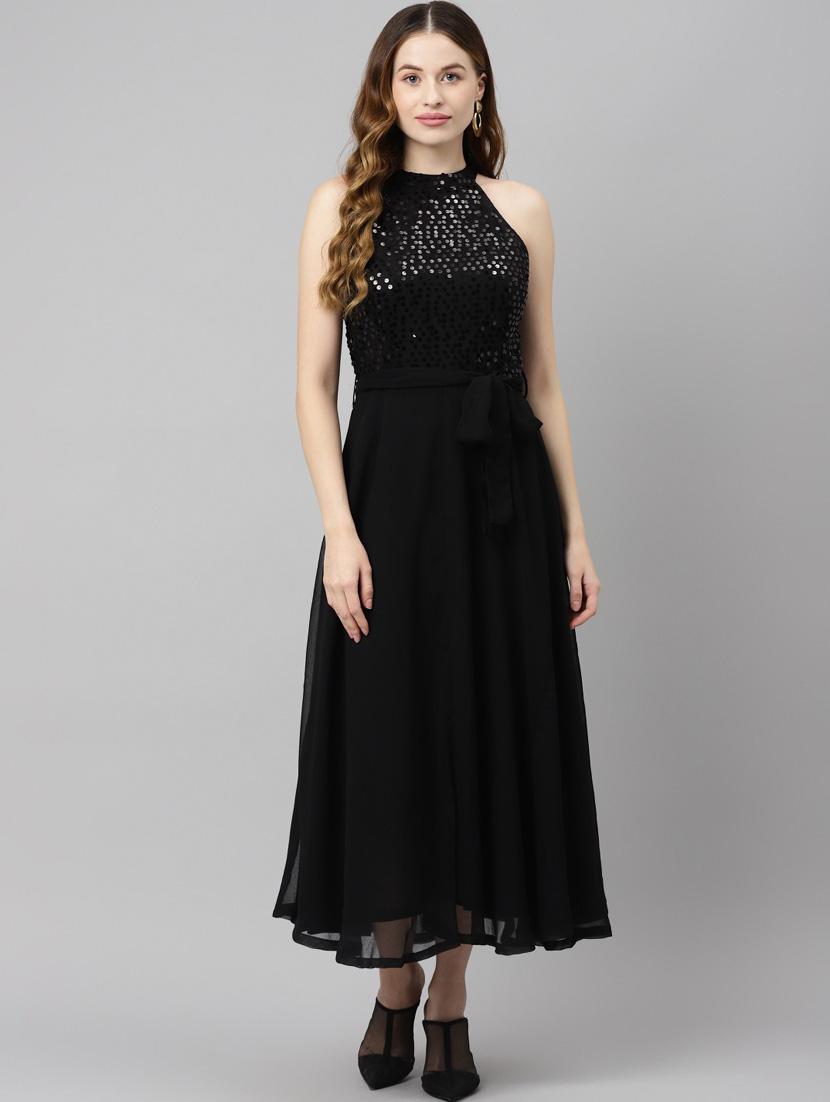 women black solid with work fit & flare dress - 20728549 -  Zoom Image - 0