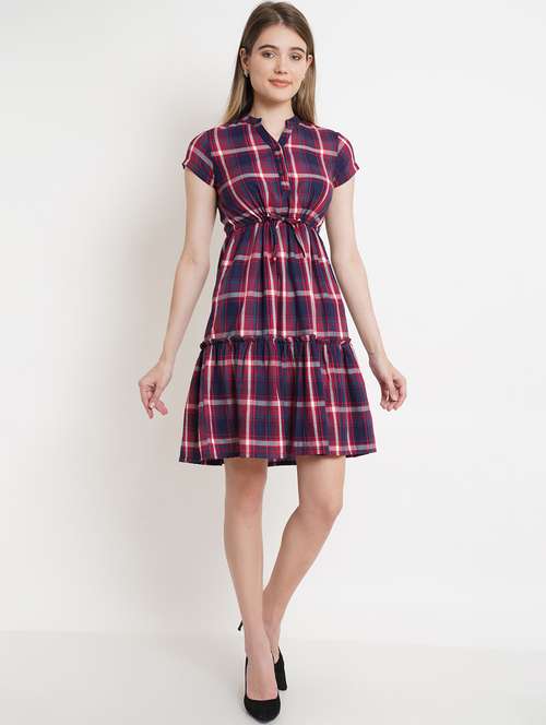 women checkered mandarin neck tiered dress - 20728561 - Standard Image - 0