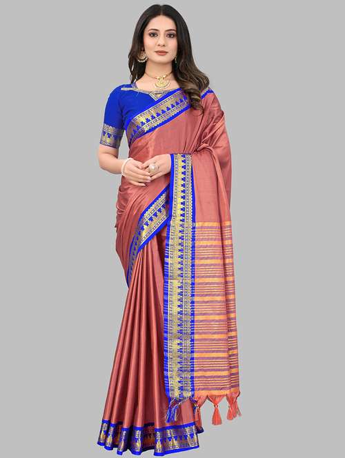 coral solid with bordered saree with blouse - 20728692 -  Standard Image - 0