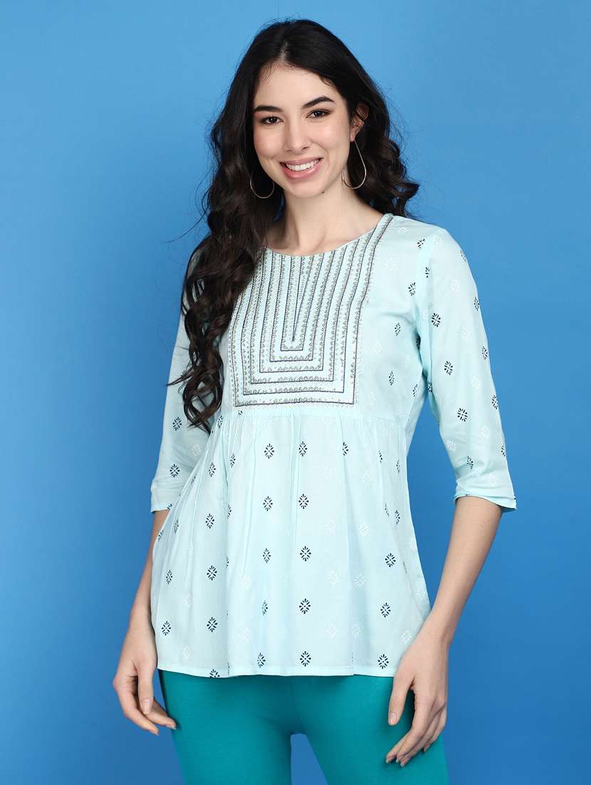 green printed sequins detailed kurti