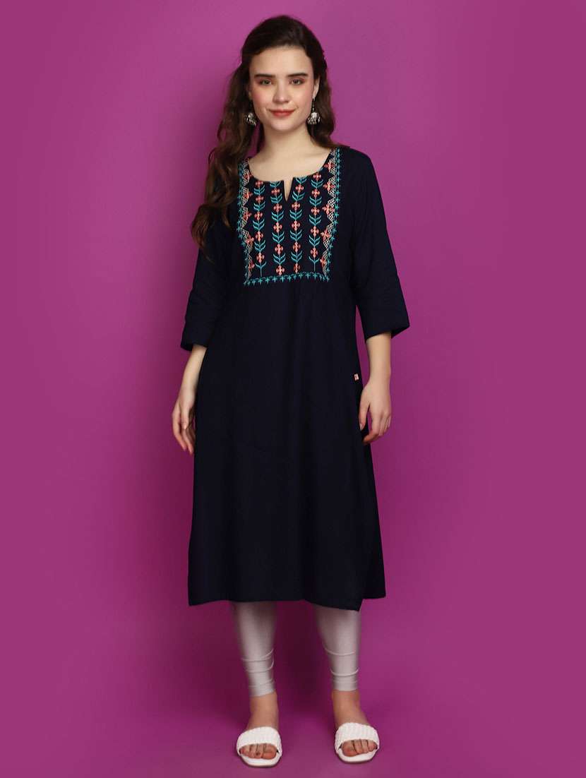 women blue notch neck straight kurta