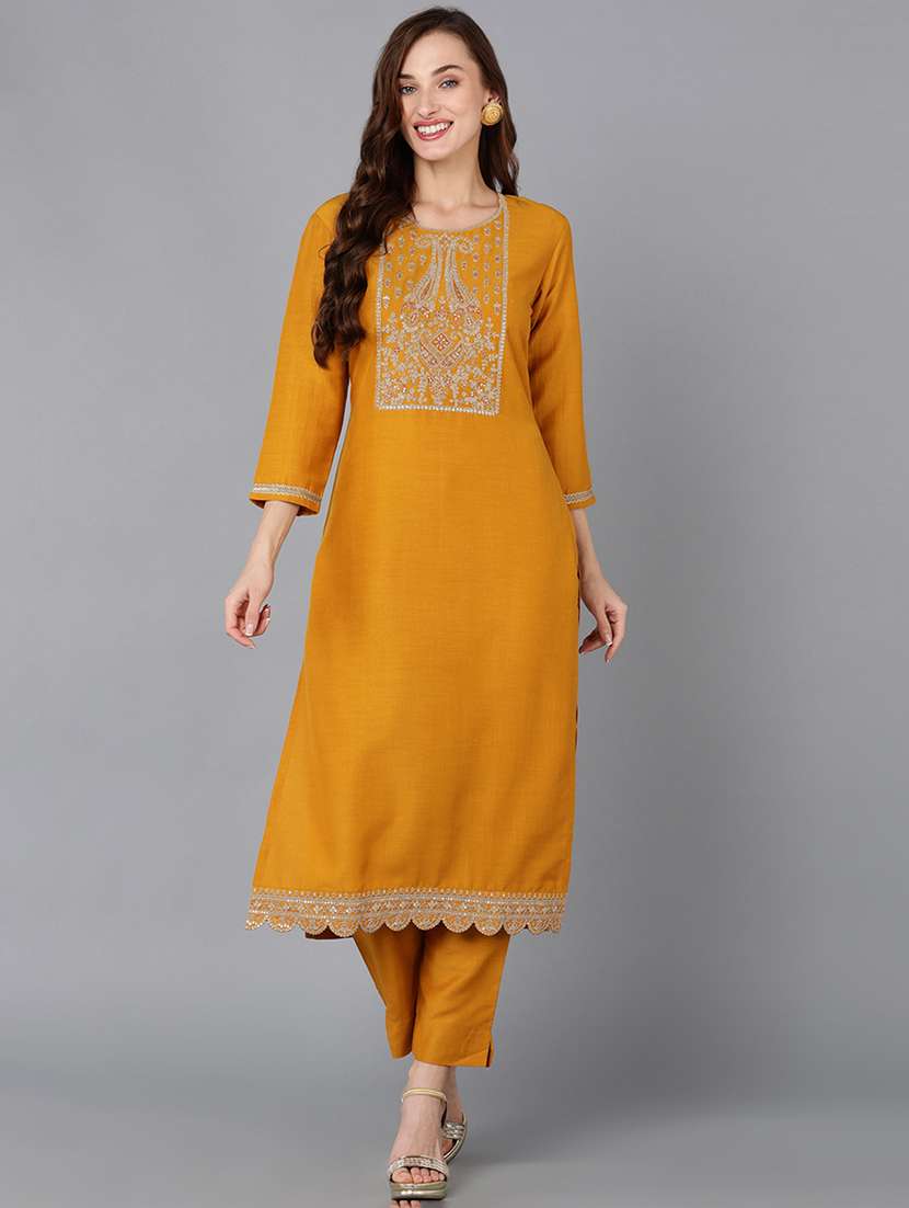 mustard silk blend straight kurta