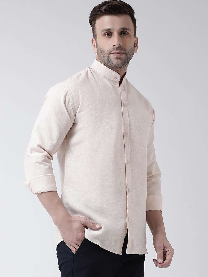 men beige mandarin collar casual shirt - 20730384 - Standard Image - 1