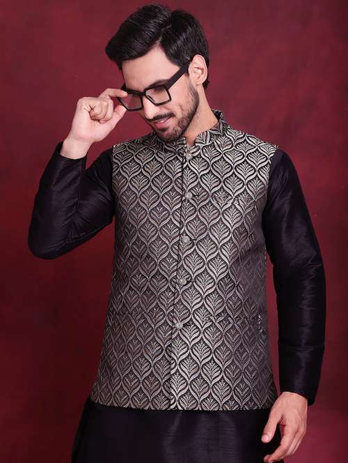 men self design silk blend nehru jacket - 20730539 - Standard Image - 0