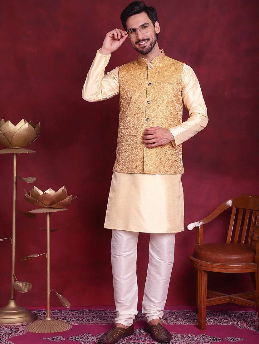 men self design silk blend nehru jacket - 20730543 - Standard Image - 4