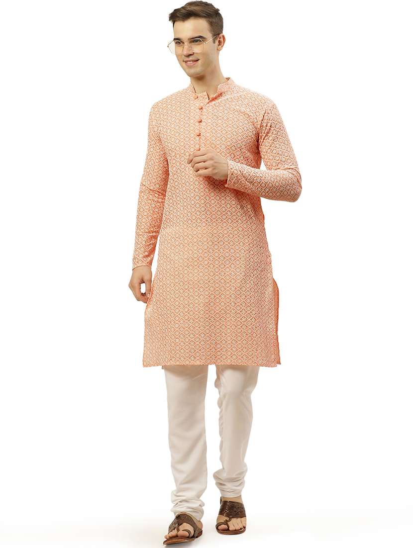 men mandarin neck kurta churidar ethnic wear set