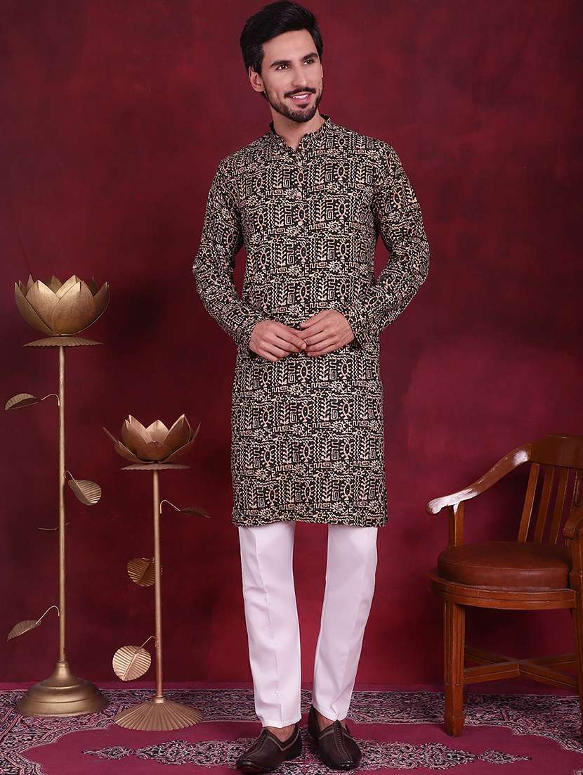 men printed mandarin neck kurta pyjama set - 20733159 -  Standard Image - 1