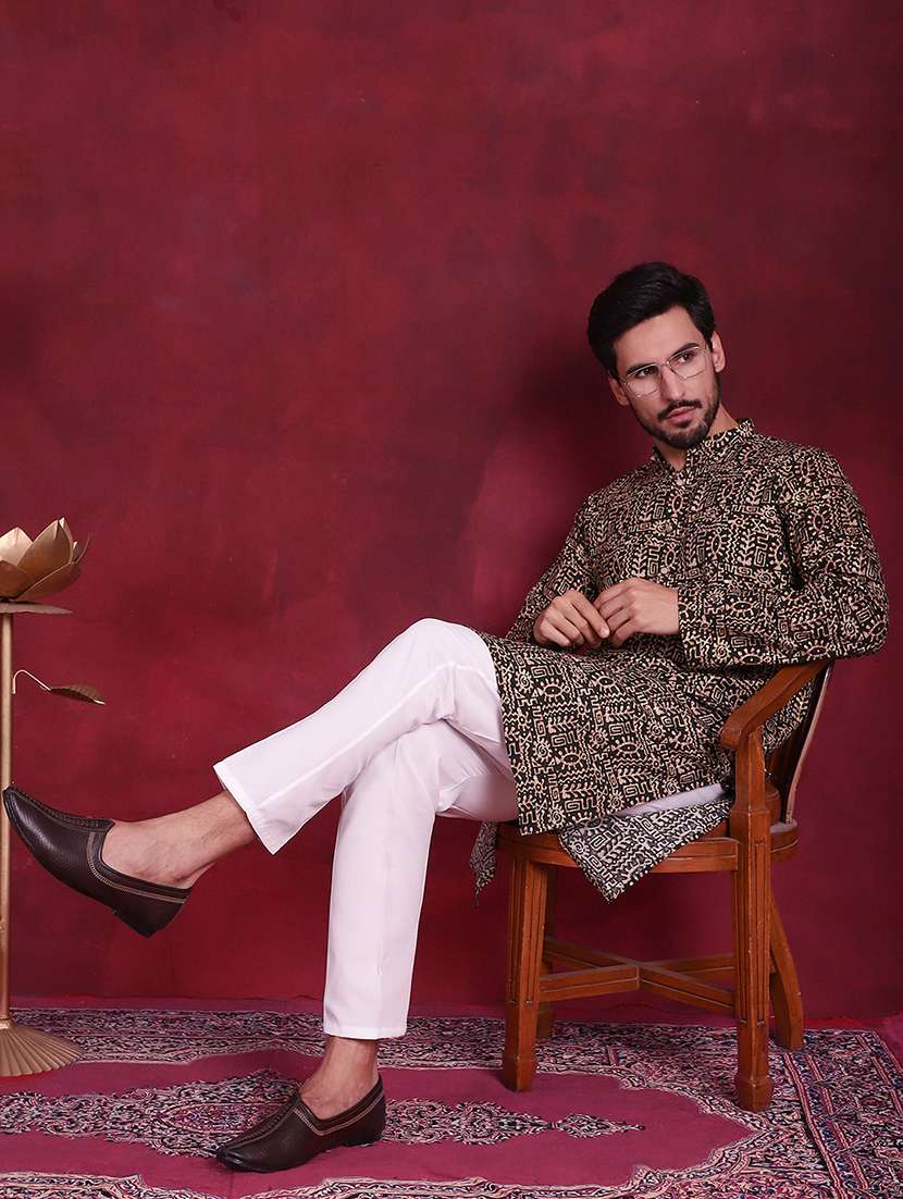 men printed mandarin neck kurta pyjama set - 20733159 -  Standard Image - 4