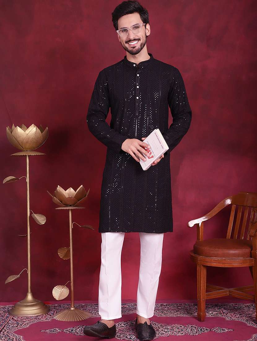 men solid with work mandarin neck kurta pyjama set