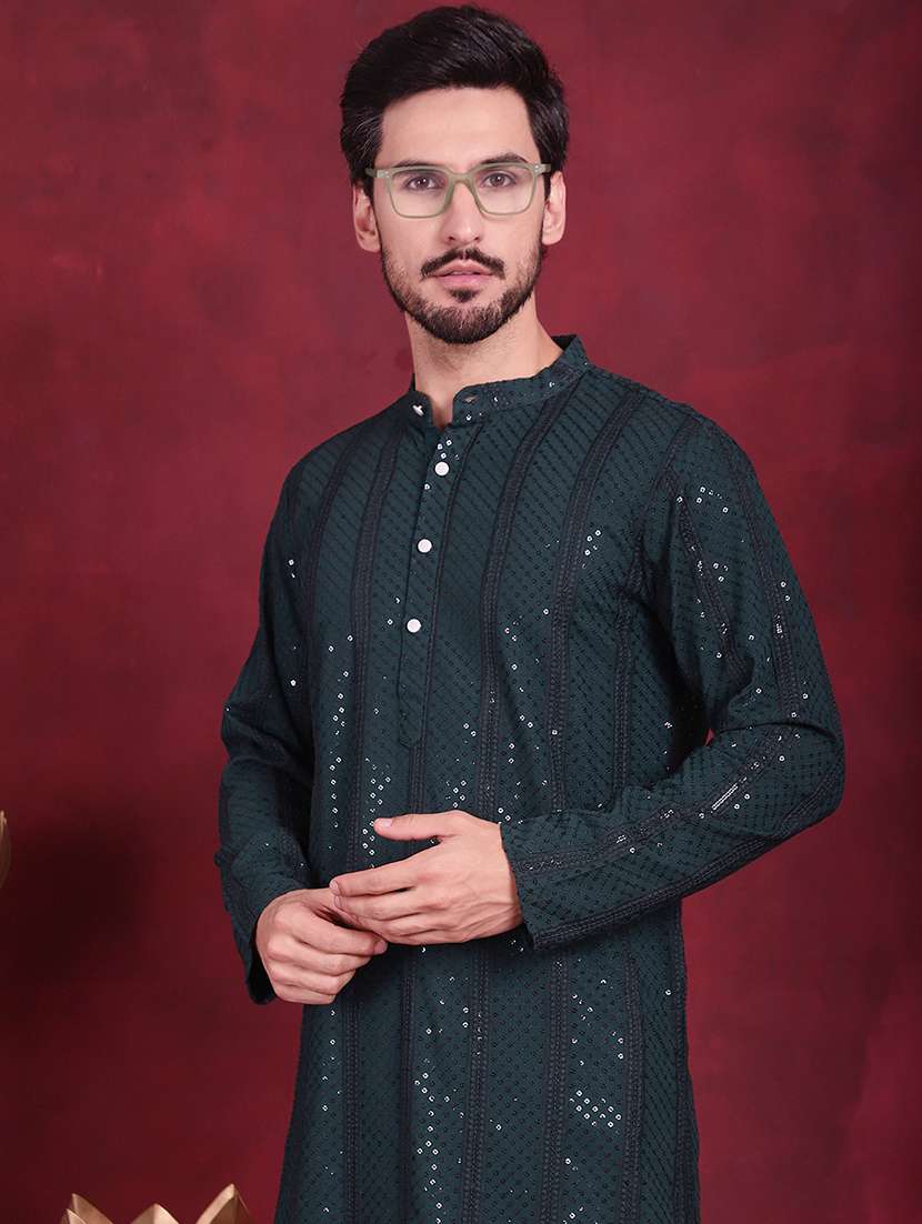 men solid with work mandarin neck kurta pyjama set - 20733165 -  Standard Image - 1