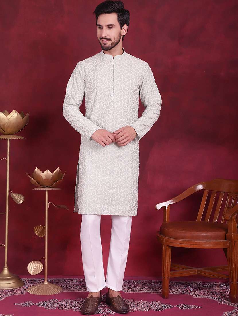 men solid with work mandarin neck kurta pyjama set - 20733195 -  Standard Image - 1