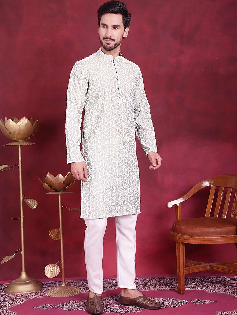 men embroidered mandarin neck long kurta - 20733201 -  Standard Image - 1
