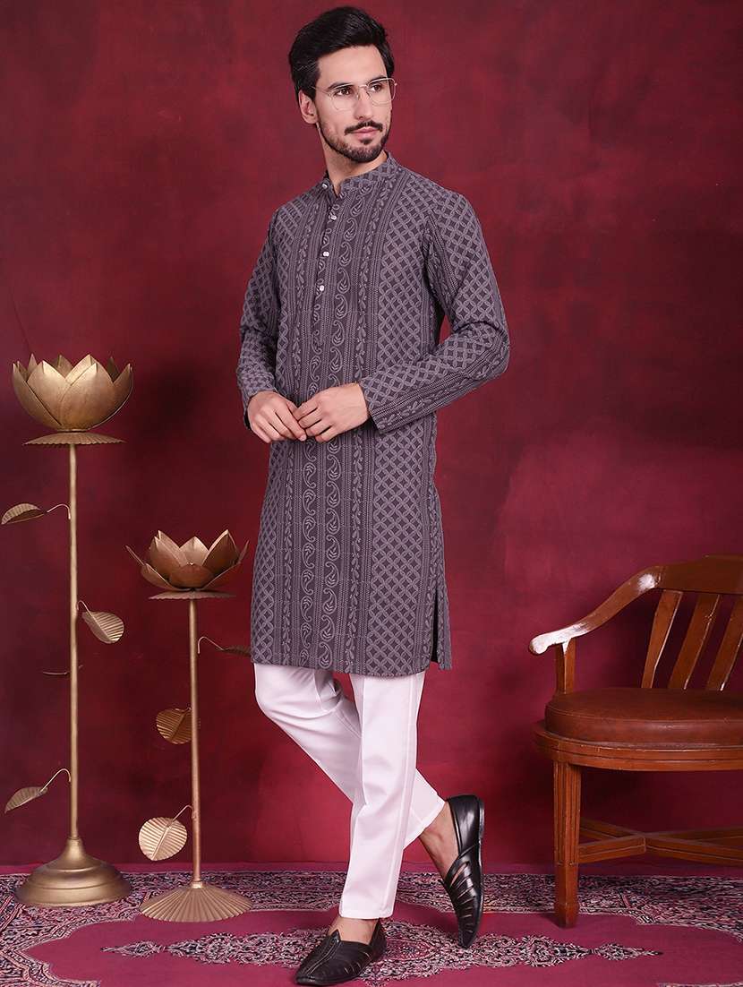 men embroidered mandarin neck long kurta - 20733205 -  Standard Image - 1