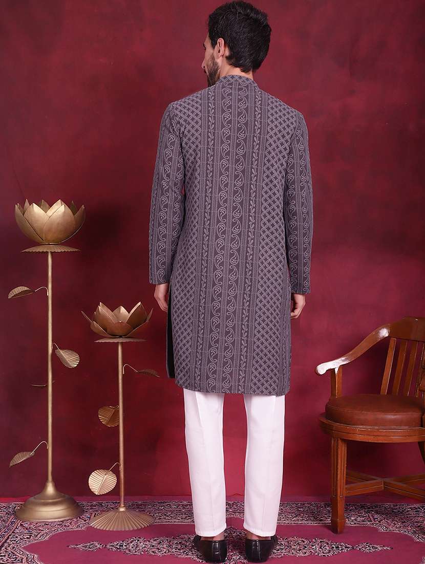 men embroidered mandarin neck long kurta - 20733205 -  Standard Image - 4