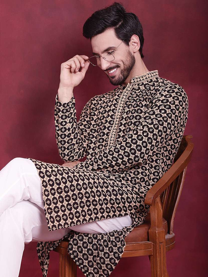 men embroidered mandarin neck long kurta - 20733209 - Standard Image - 4