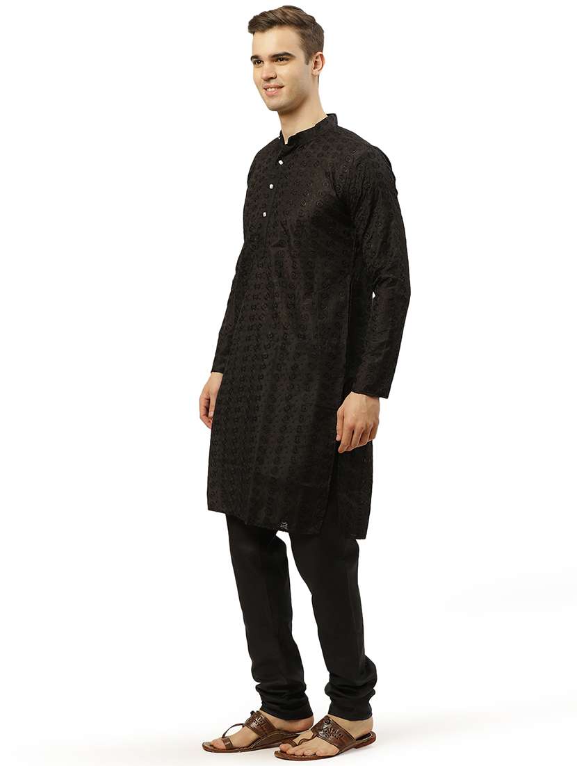 men solid with work mandarin neck kurta pyjama set - 20733219 -  Standard Image - 1
