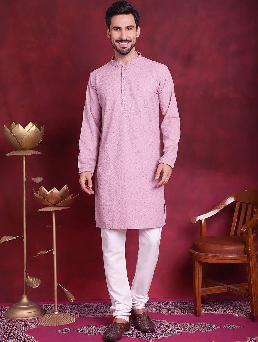men solid with work mandarin neck kurta churidar set - 20733244 -  Standard Image - 1
