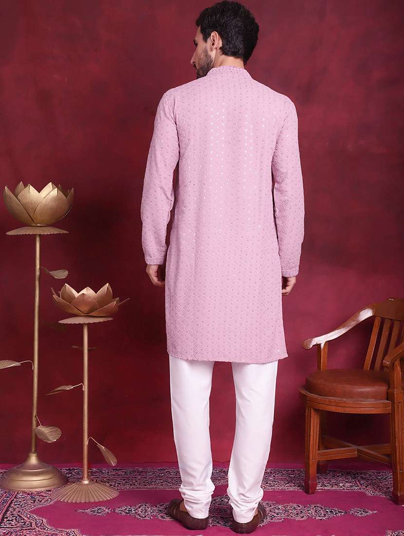 men solid with work mandarin neck kurta churidar set - 20733244 -  Standard Image - 4