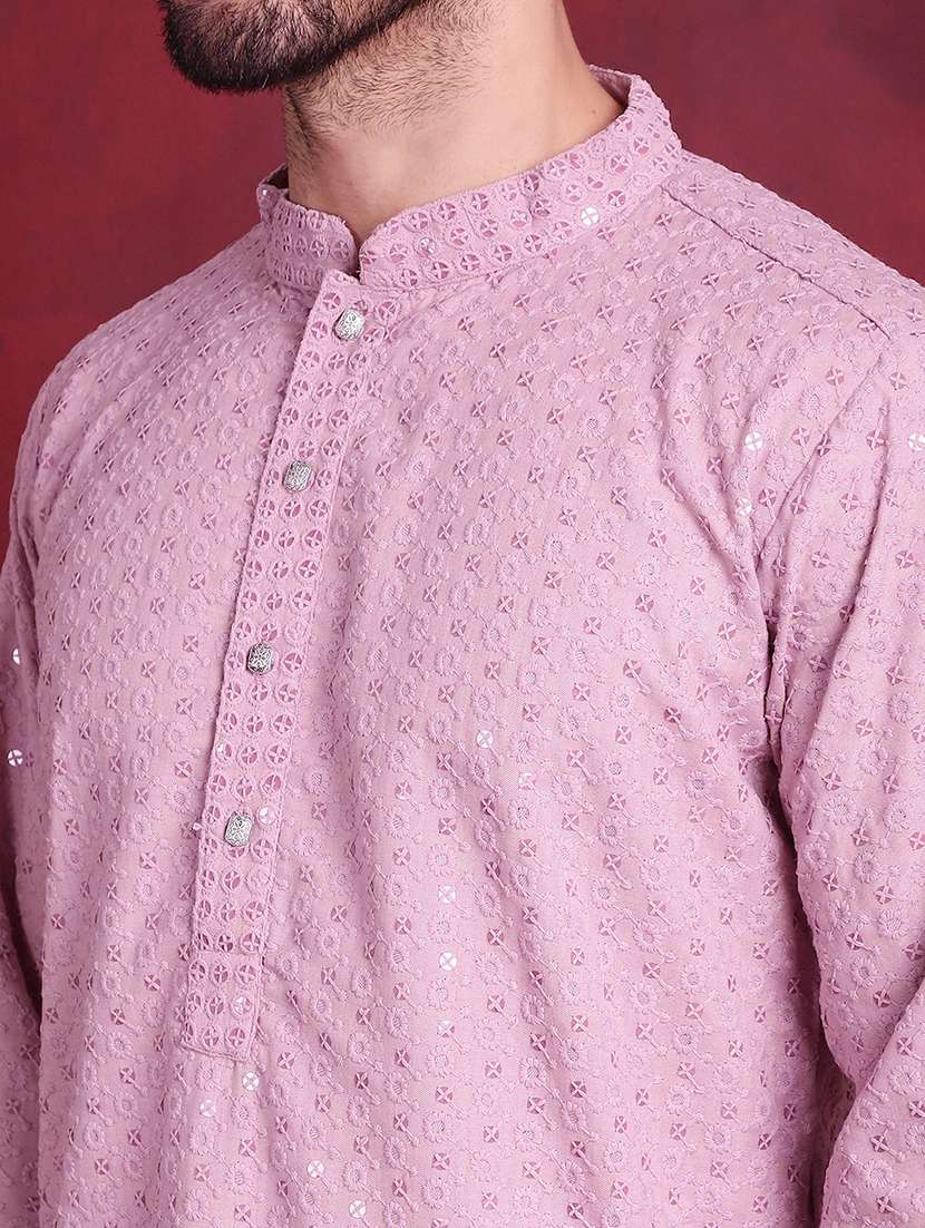 men solid with work mandarin neck kurta churidar set - 20733244 -  Standard Image - 6