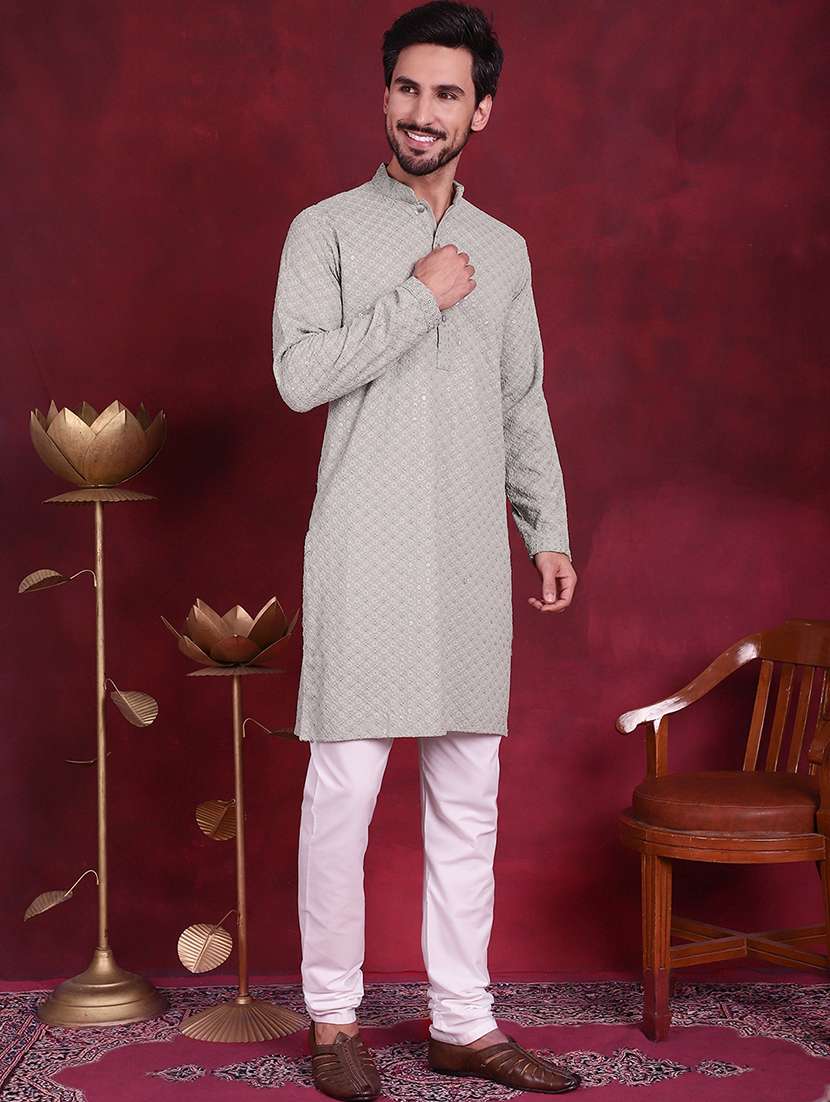 men embroidered mandarin neck long kurta - 20733249 -  Standard Image - 1