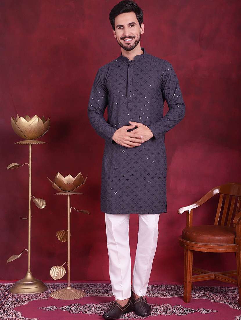 men solid with work mandarin neck long kurta - 20733251 - Standard Image - 1