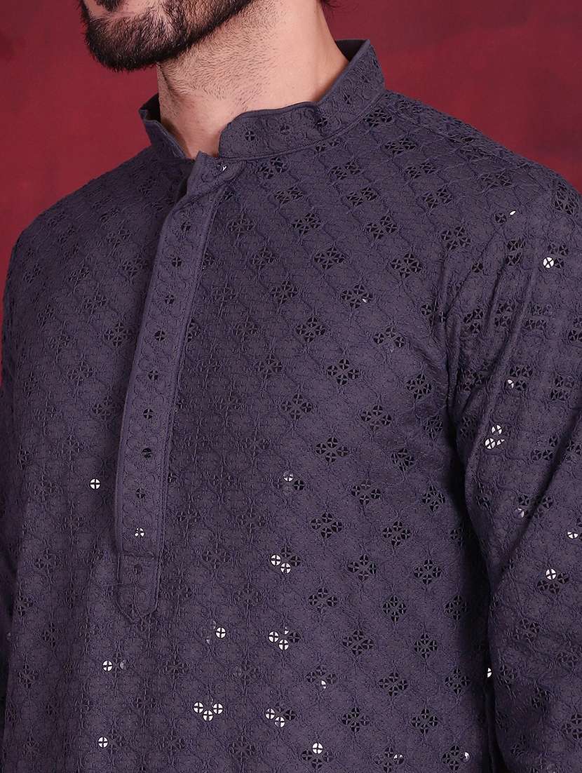 men solid with work mandarin neck long kurta - 20733251 - Standard Image - 6