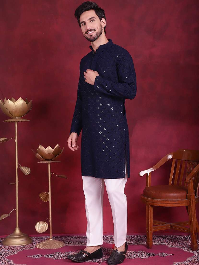men solid with work mandarin neck long kurta - 20733252 -  Standard Image - 1