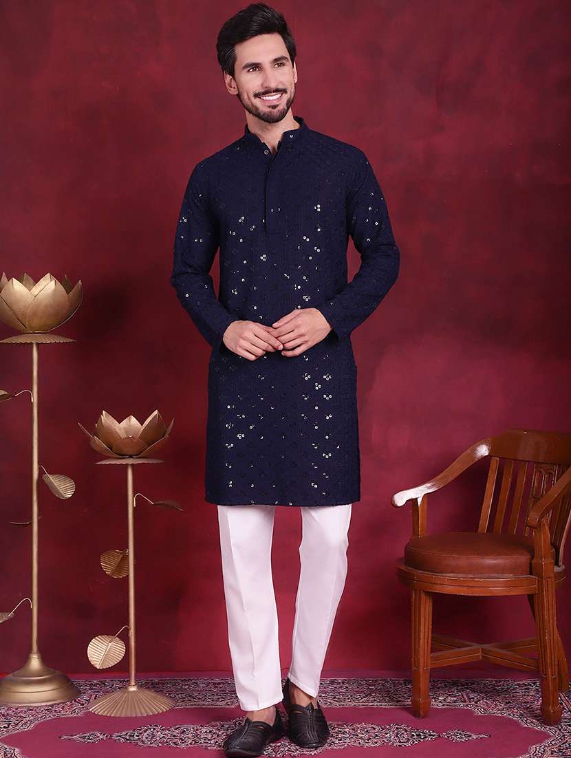 men solid with work mandarin neck long kurta - 20733252 -  Standard Image - 4
