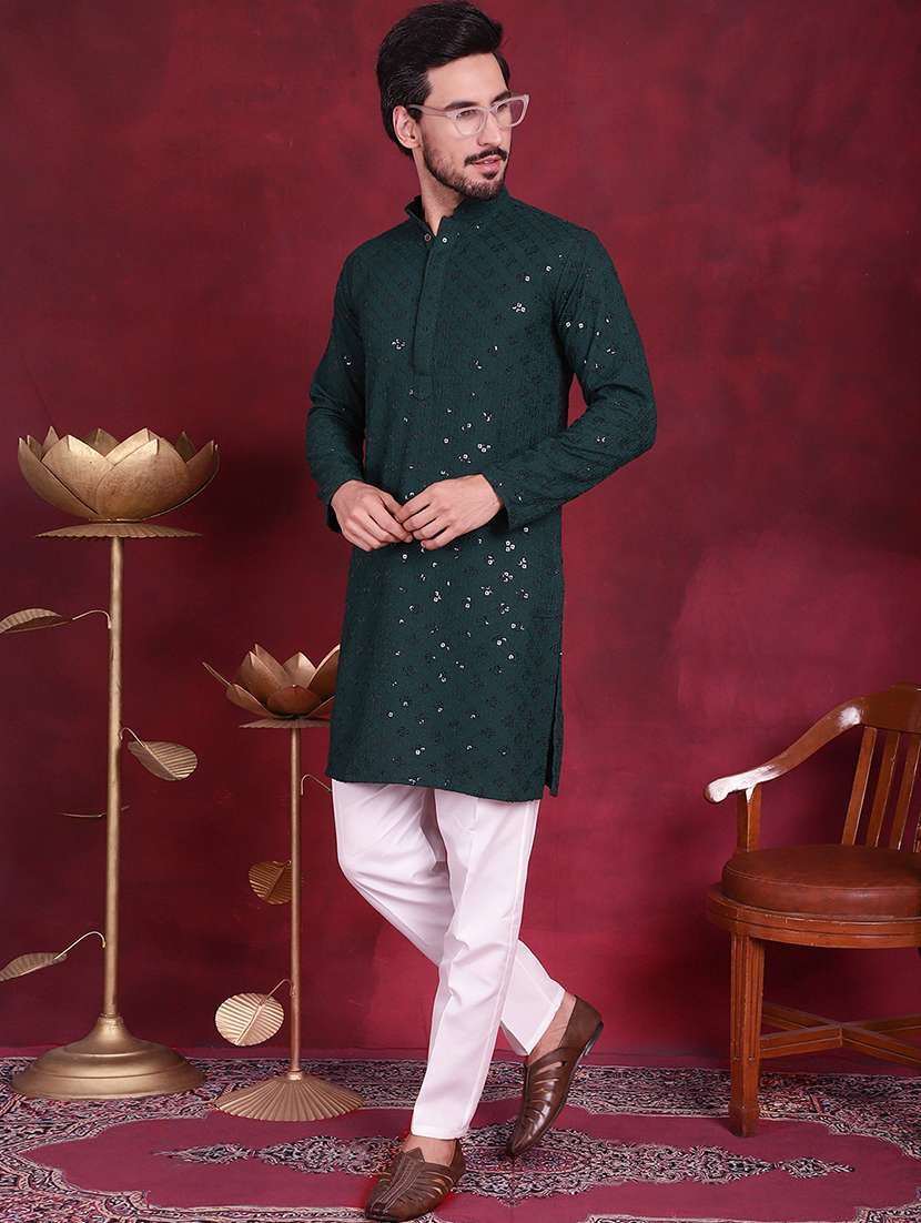 men solid with work mandarin neck long kurta - 20733253 -  Standard Image - 1