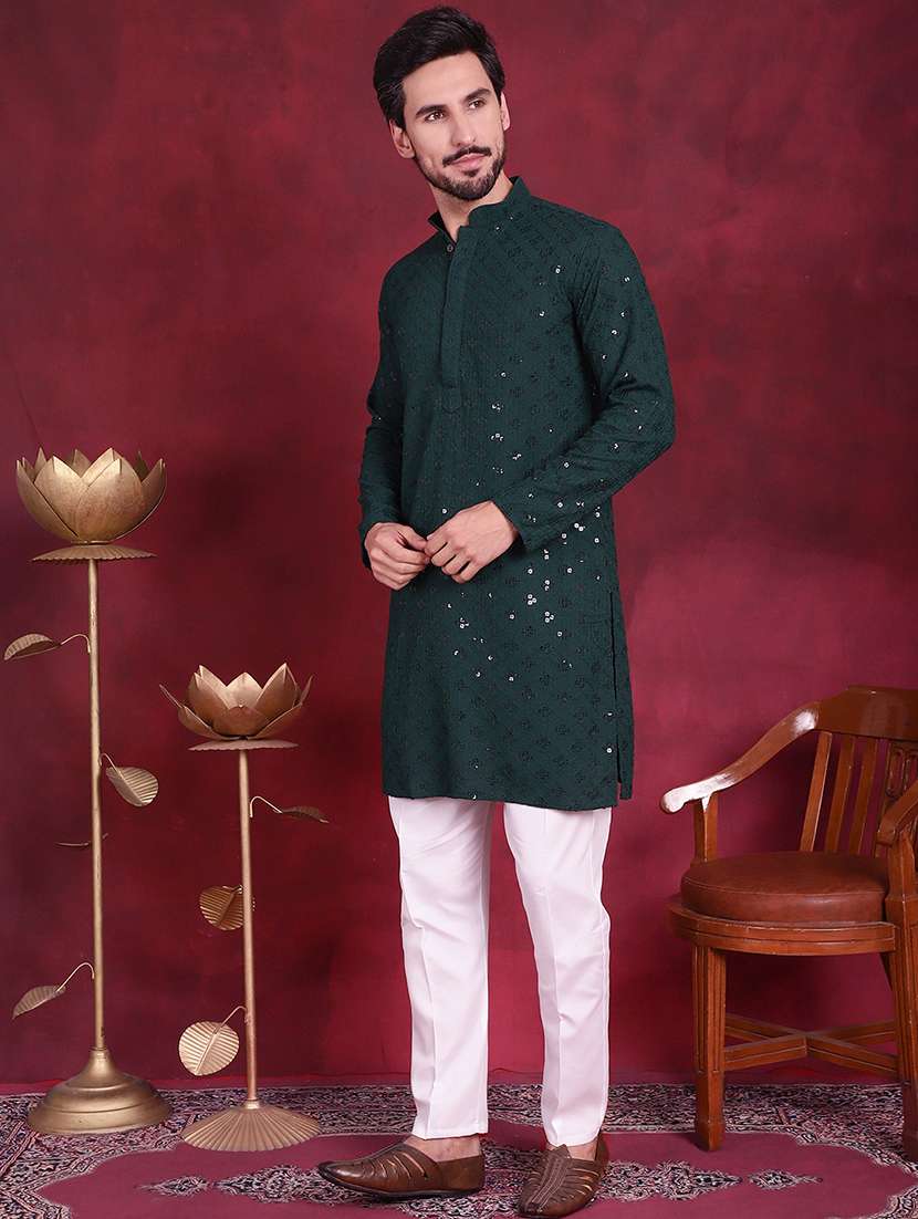 men solid with work mandarin neck long kurta - 20733253 -  Standard Image - 4